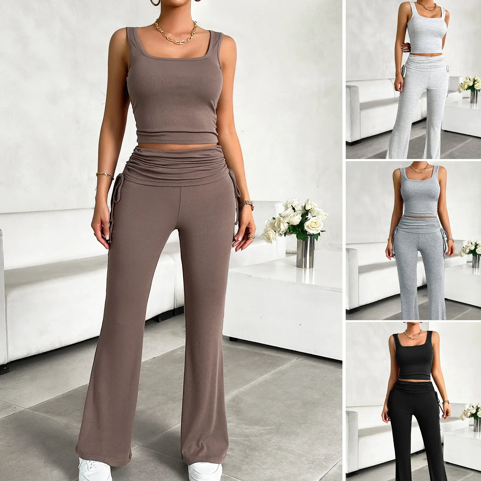 

Women's New Summer Set Two Pieces Slim Square-neck Lady's Camisole Drawstring Fold Fit Female Trousers 2 Piece Sets Women Outfit