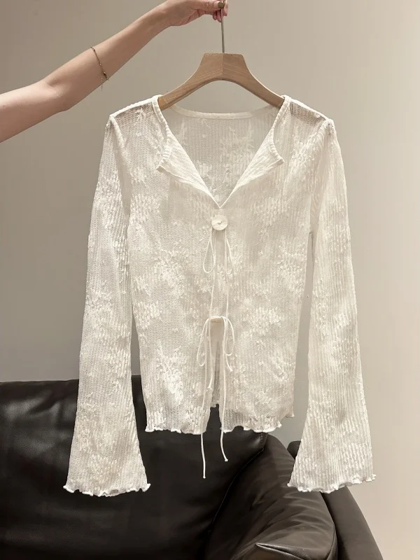 

White Knitted Long Sve Open Cardigan Women's Faion Slim Fit Micro Transparent Belted Spring Outerwear with Wood ain