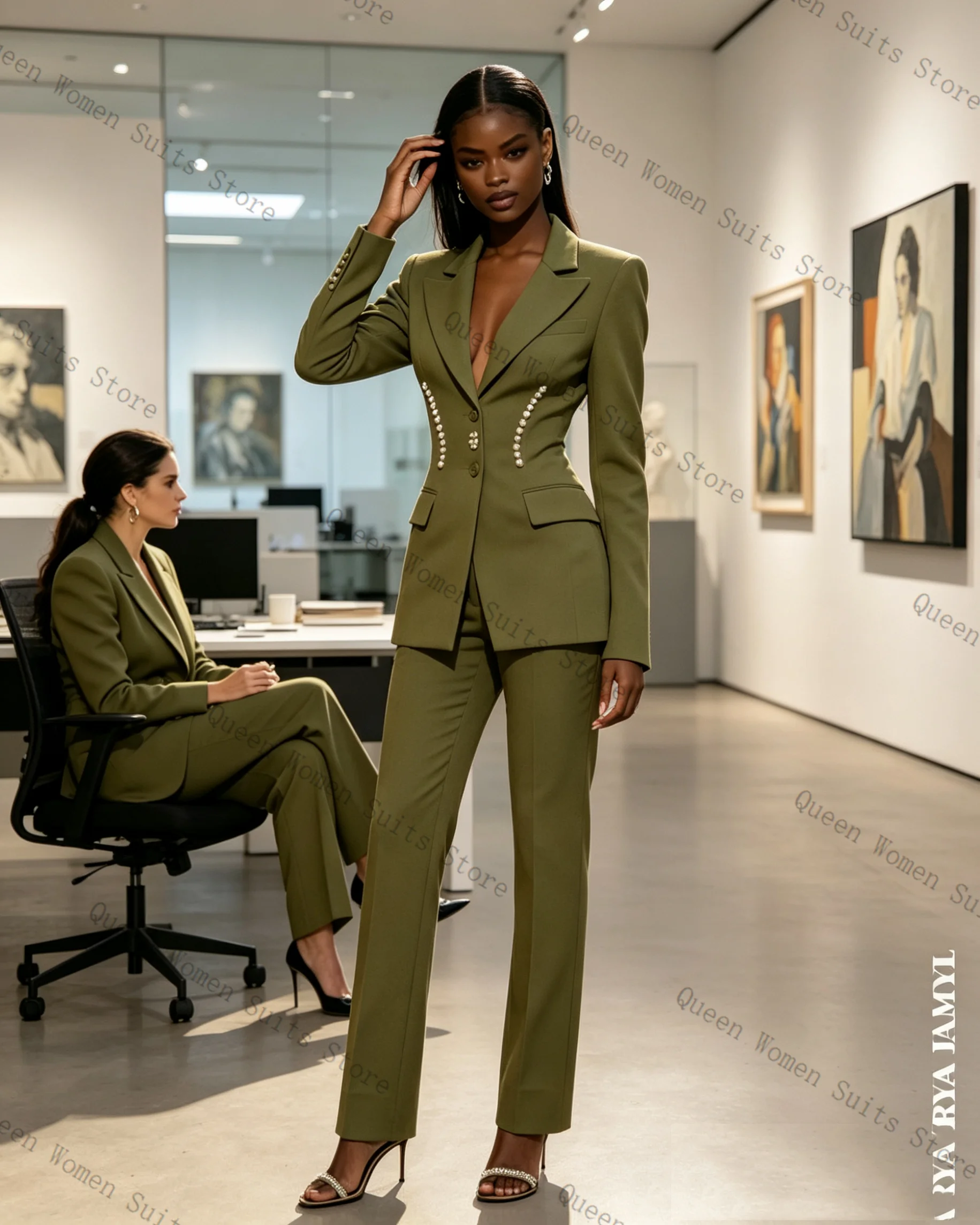 Formal Green Women Suit Set 2 Pcs Blazer+Pants Luxury Pearls Cotton Fit Slim Business Office Lady Jacket Wedding Coat Customized