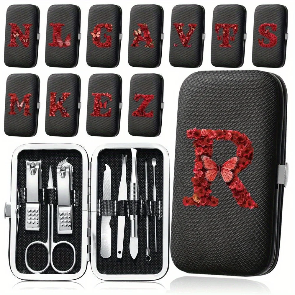8pcs Nail Clippers Set Pedicure Care Case Organizer Kit Personal Manicure Tools Valentine's Day Gifts Red Rose Letter Pattern