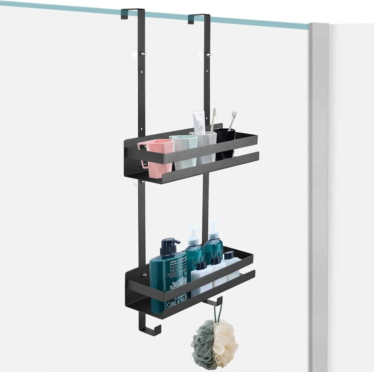 Scaffale doccia sospeso senza foratura in acciaio inossidabile, portaoggetti per bagno e WC con 2 ganci, supporto doccia a 2 livelli, nero