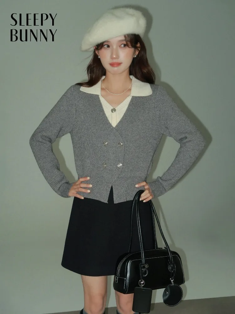 

Contrast Layered Knit Cardigan Women V Neck Silver Button Sweater Short Slim Casual Outerwear Top Spring Autumn Office Commuting