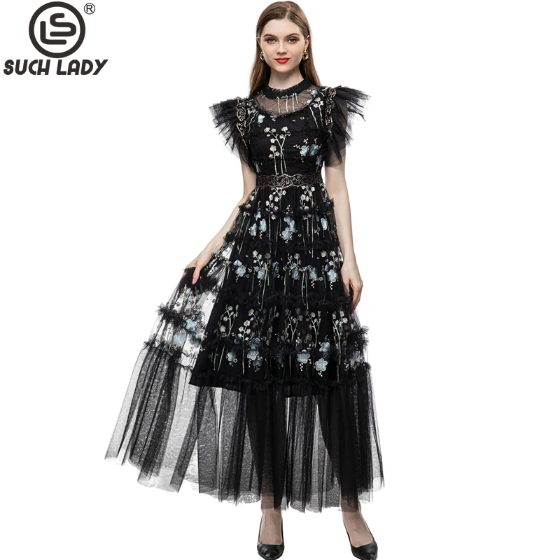 

Women's Runway Dresses O Neck Embroidery Ruffles Elegant Designer Fashion Maxi Vestidos