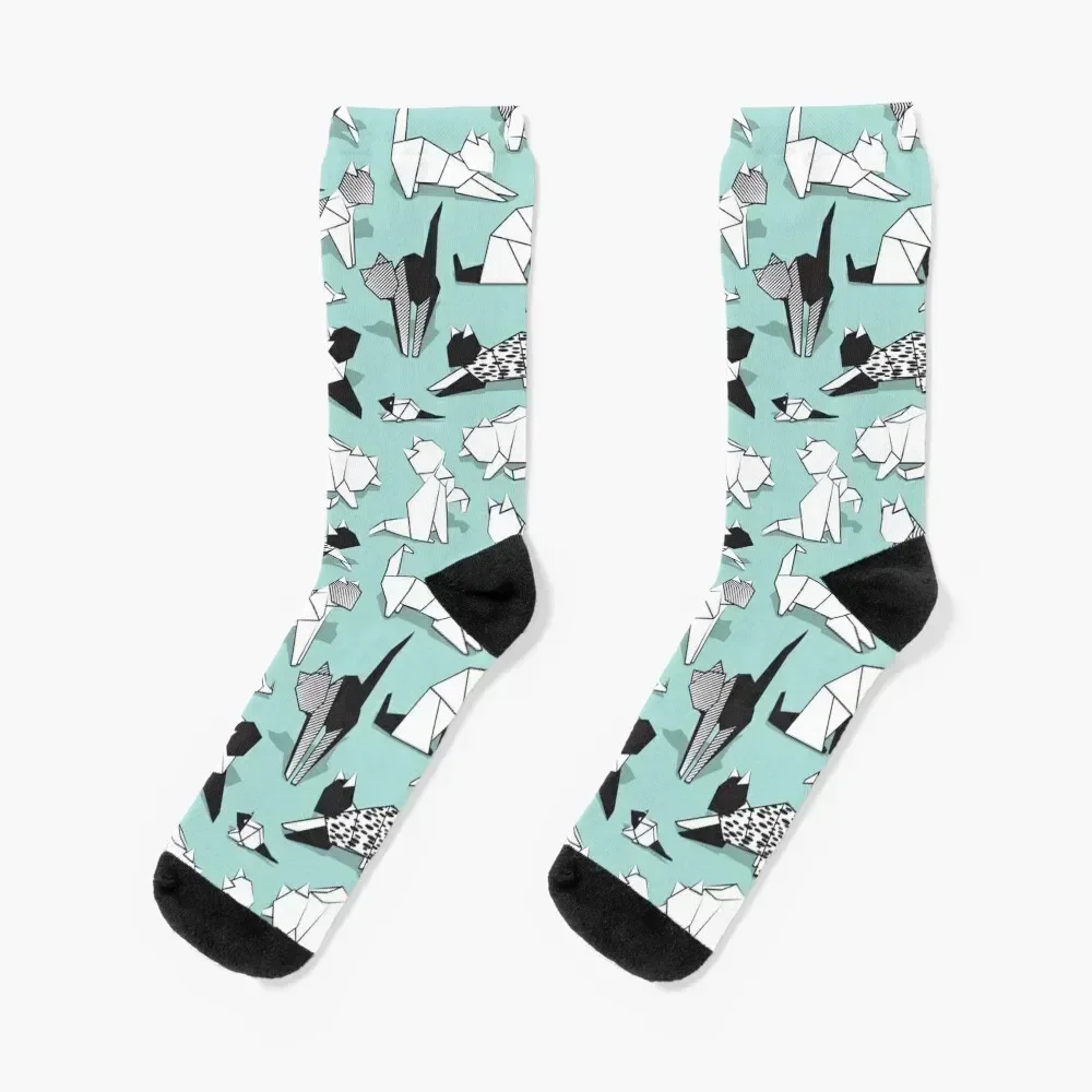 

Origami kitten friends // aqua background paper cats Socks Antiskid soccer luxury anime with print Socks Women Men's