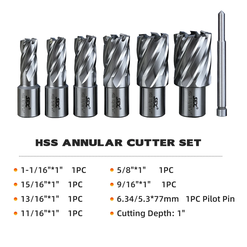 

1" 7pcs HSS Annular Cutter Set 3/4" Shank Magnetic Drill W/PIN 9/16" to 1-1/16"