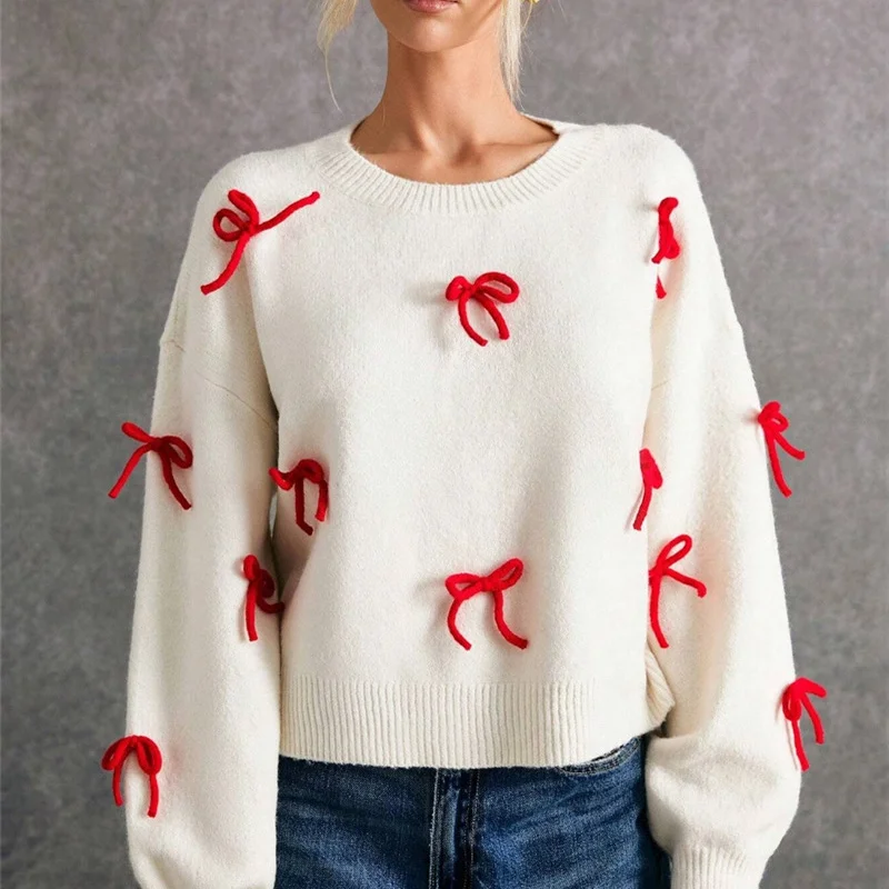 

Красный свитер с круглым вырезом и узлом, женский топ, теплый, из полиэстера, с длинными рукавами, повседневный, для Нового года