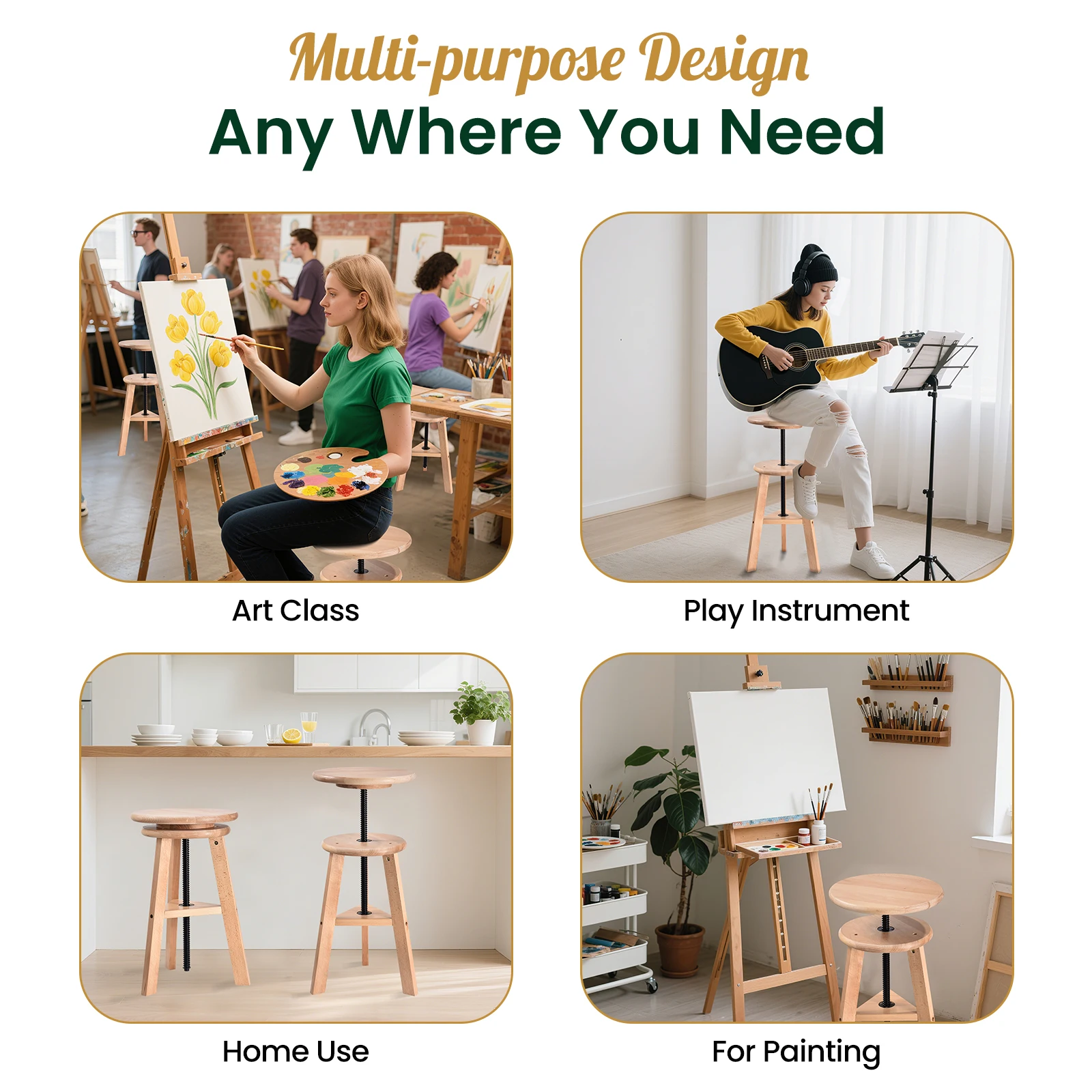 48-65 cm Verstellbarer Holz-Künstlerhocker, Drehbarer Zeichenstuhl für Zeichentisch & Studio-Heimgebrauch – Detail 10
