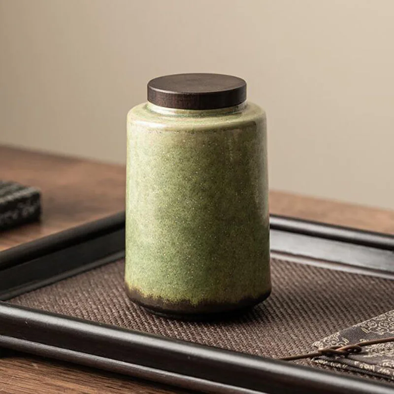 Kiln Change Retro Tea Caddy Green Color Sealed Storage Tea Jar Household Pu'er Tea Box Kitchen Teaware Drinking Accessories