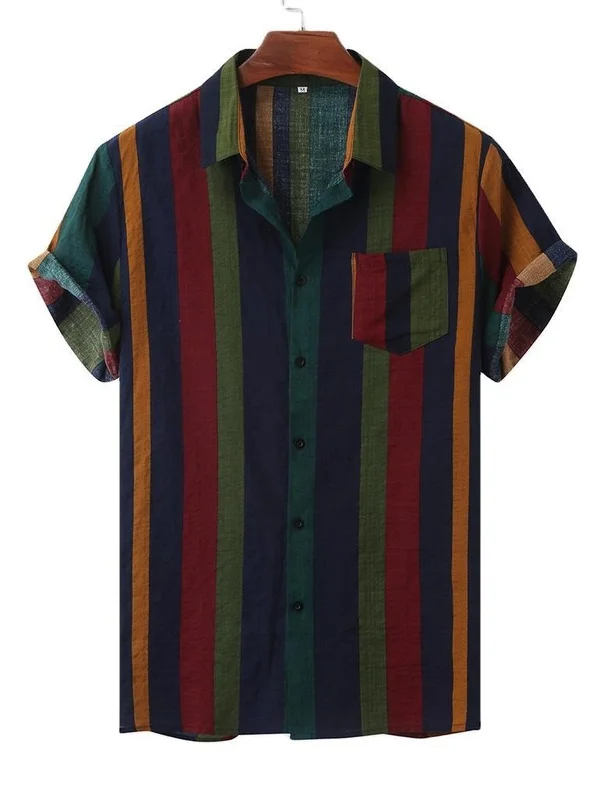 Men's Striped Shirt 2023 Summer Fashion Holiday Special Wide Fit Fleece Lined Thickened  Collar Nine Sleeve Long Shirt