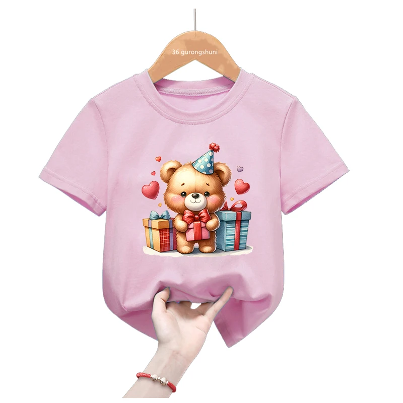 Bear Love Balloon Printed T Shirt Birthday Gift For Girls Kawaii Kids Clothes Funny Pink Tshirt Summer Short Sleeve T-Shirt