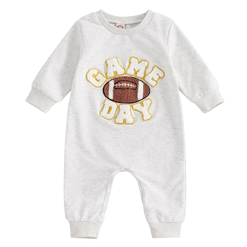 

Baby Girl Boy Fall Romper Letter Football Embroidery Long Sleeve Crew Neck Full Length Jumpsuit