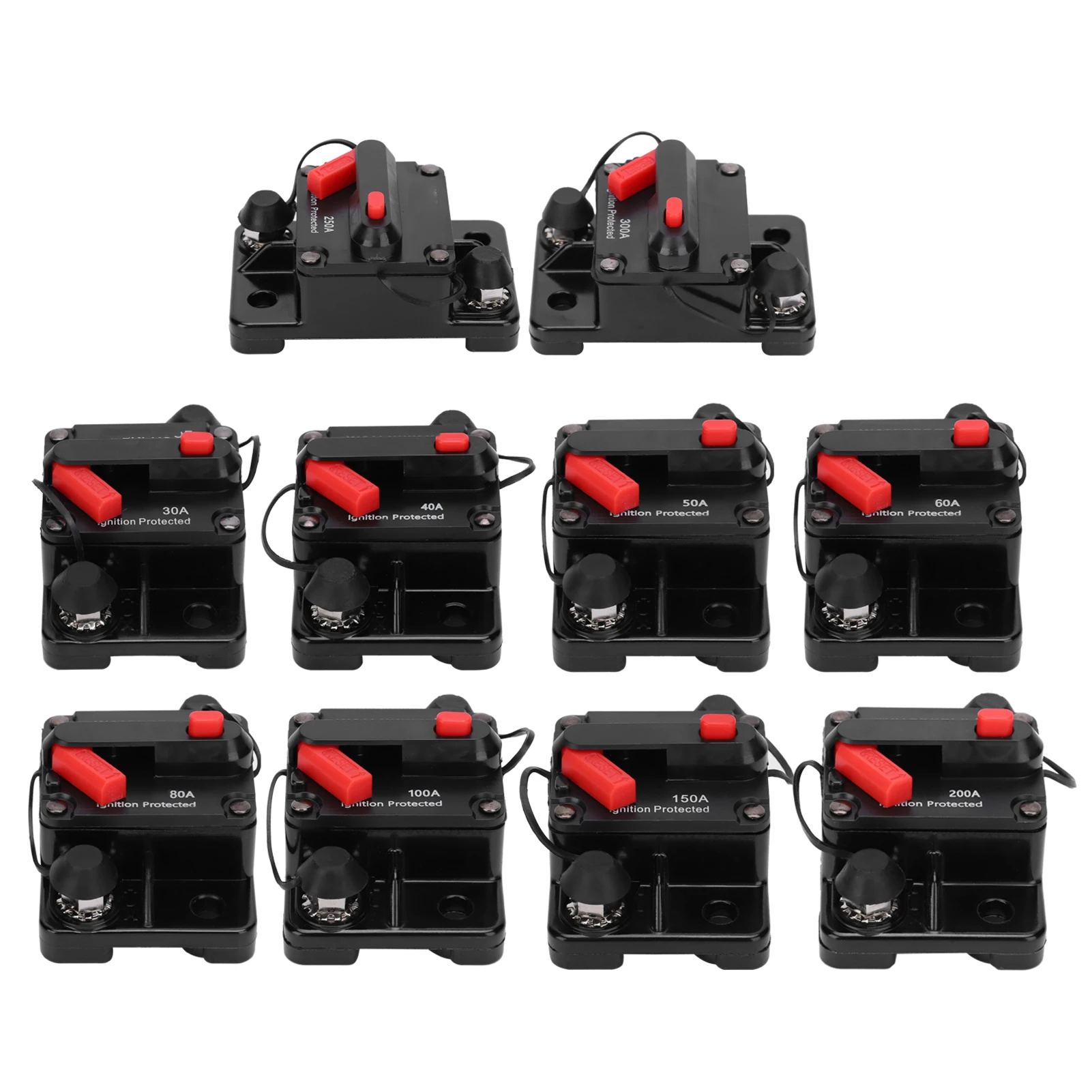 HT-601 Circuit Breaker Auto Switch Reset Fuse Holder Copper Waterproof Fuse Holder Automatic Switch Red DC12‑42V 30-250A