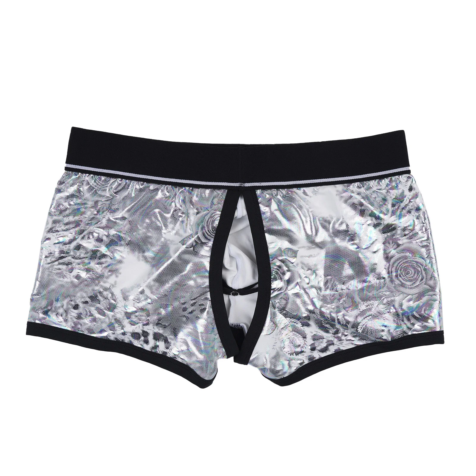Herren-Dessous: Glänzende Metallic-Boxershorts mit integriertem Silikonring, tief sitzend, mit Cutout-Pouch, Unterwäsche für Rave & Nachtclub-Kostüme – Detail 8
