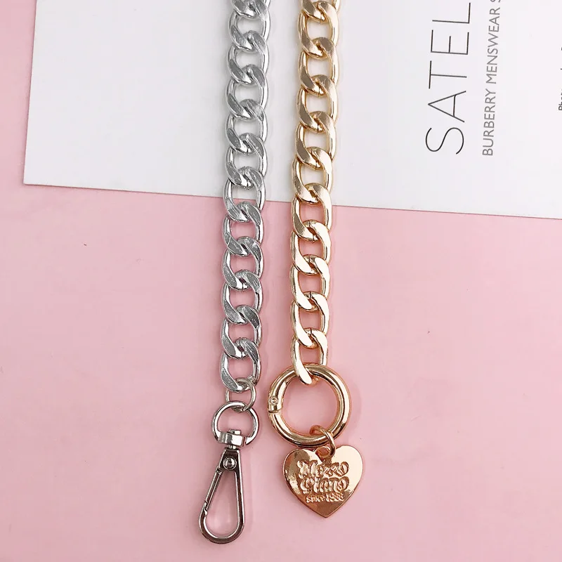 Long Metal Purse Chain Strap Love Heart Pendant Handle Gold Silver Replacement Chain Handbag Shoulder Bag Chain Accessories