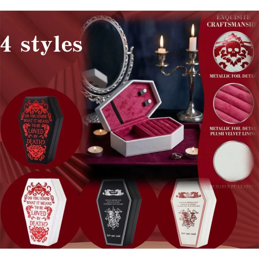 1/2/4pcs Halloween Gothic Coffin-Shaped Jewelry Box PU Multi-Compartment Organizer for Earring Necklace Ring Halloween Gift Case