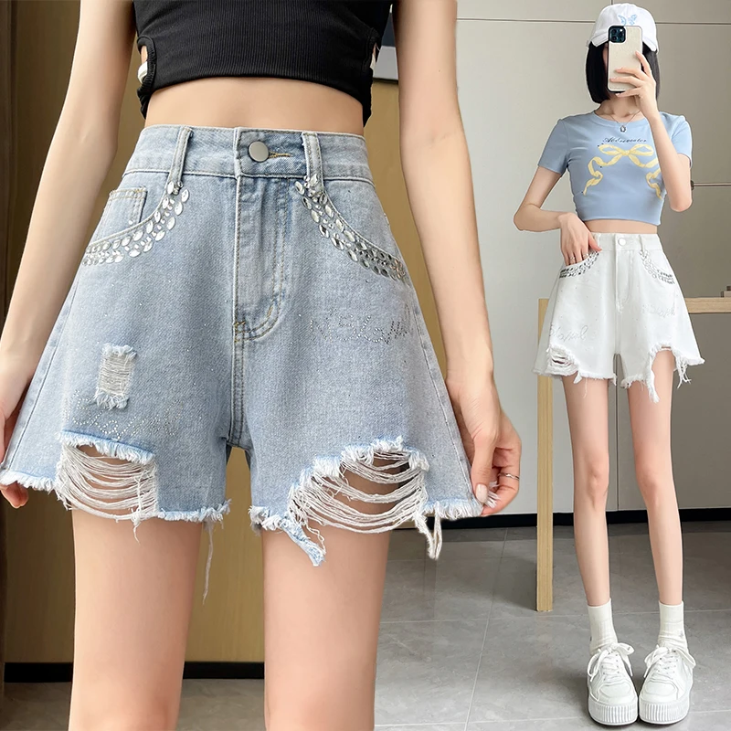 Summer Ripped Jeans Short Femme High Waist Diamond  Y2k Casual Bottoms for Ladies Denim Shorts Clothing Fashion