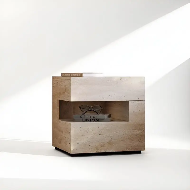 Wabi Sabi Century French Italian Minimalist Travertine Wood Metal Floating LED Nightstand Bedroom Bedside Home Decor Novelty New