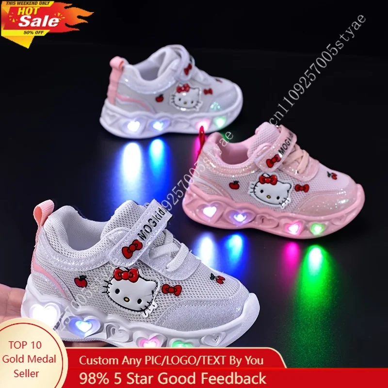 

Hello Kitty Light Up Casual Shoes Girls' Cartoon Mesh Breathable Running Shoes Suitable for Young Children Bow Design