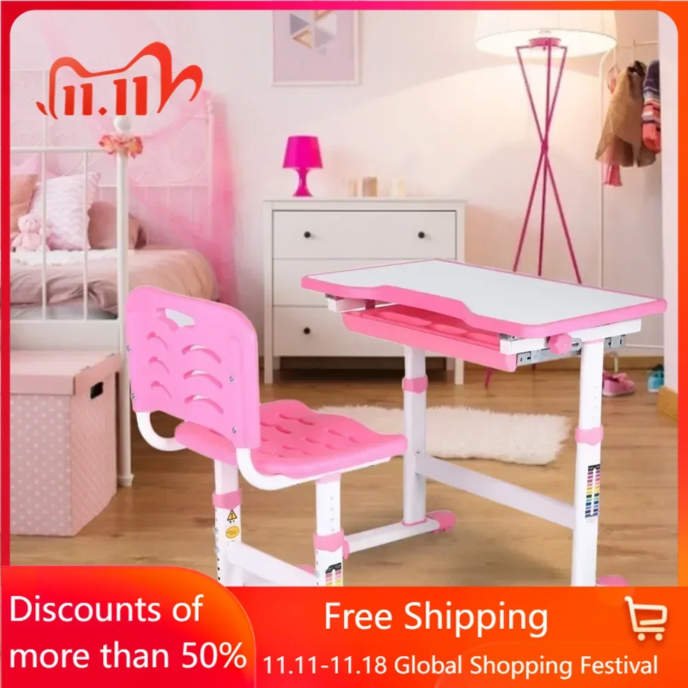 Table Set, Adjustable Pull Out Drawer Kids Study Homework Desk Chair Children Activity Art Table Set(Pink), Table Set Kids