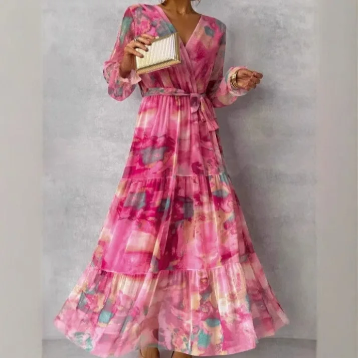Printed Dress Women Belted Patchwork Long Sleeve Spring Summer Elegant A Line Maxi Skirt Blouse Top Dresses