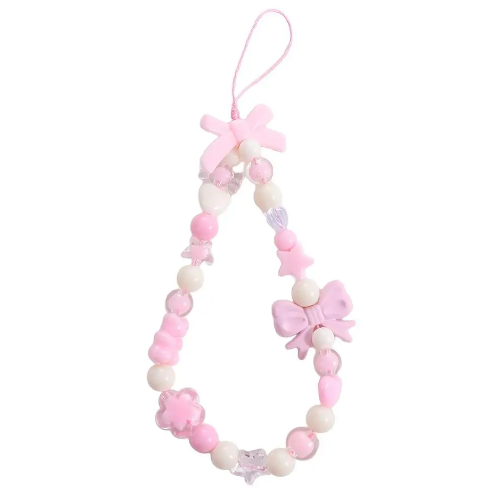 

Plastic Bow Beaded Mobile Phone Chain Bowknot Phone Charm Pink Bead Love Bow Pendant Sweet Girl Anti-loss