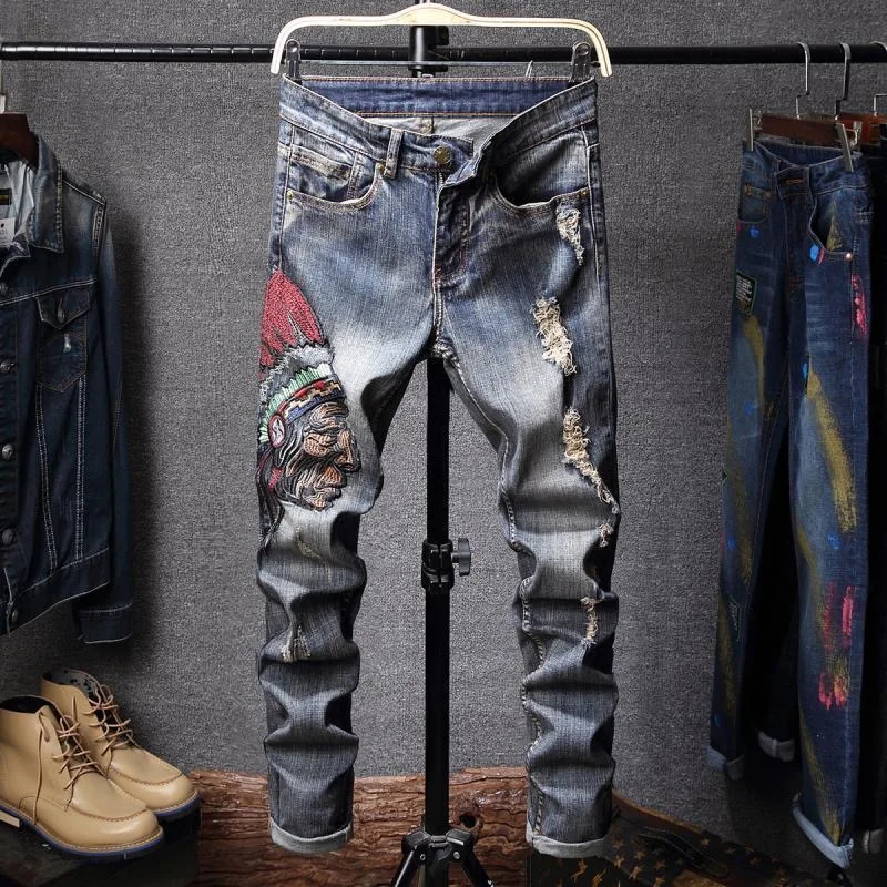 Spring and Autumn fashion trend printed straight-leg stretch denim jeans for men comfortable casual sports high-quality jeans