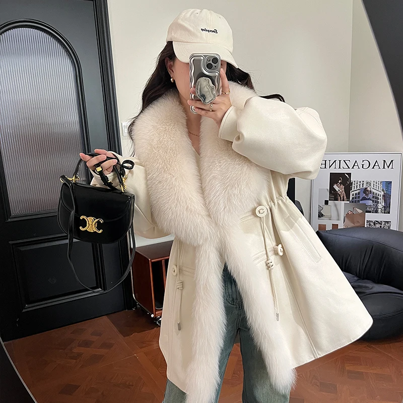 2024New Winter Women Long 80CM White Duck Down Jackets 100% Natural Oversized Fox Collar Suede Fashion Casual Windproof Coats