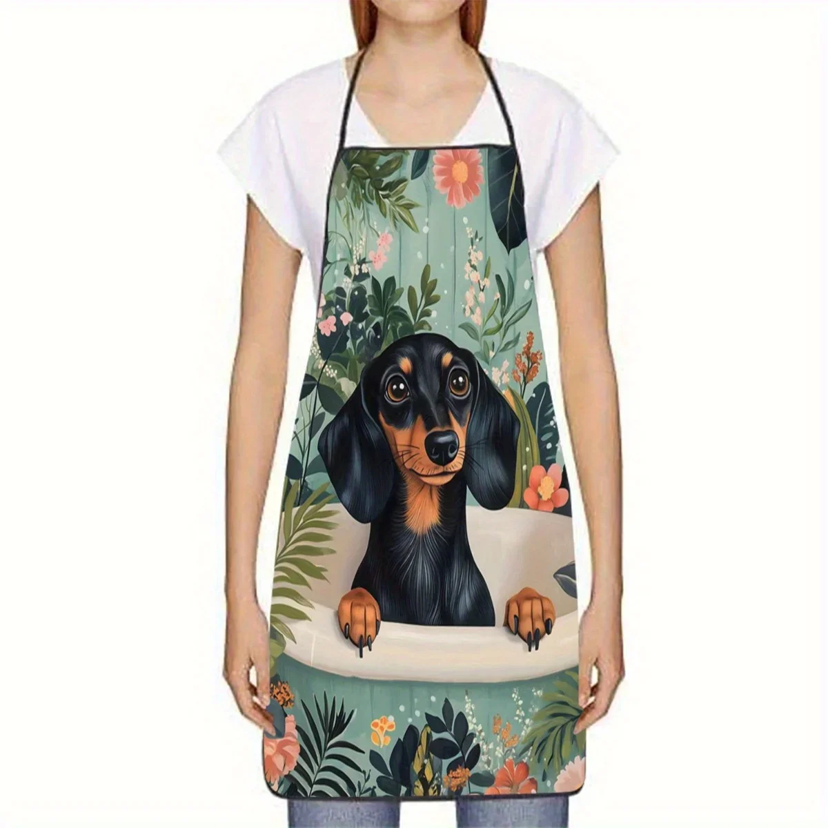 Shopping Bags Canvas Printing 1pc Dachshund in Bathtub Art Apron - Kitchen & Baking Apron with Vibrant Floral Print, Lightweight