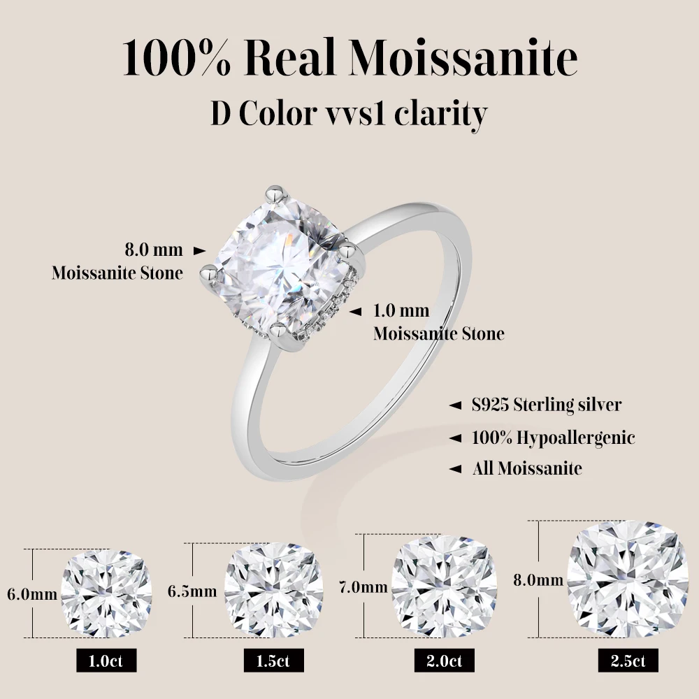 ATTAGEMS Cushion Cut 1.5ct 2.5ct Moissanite Ring DVVS1 925 Silver 18K Gold Plated For Women Engagement Wedding Band Fine Jewelry