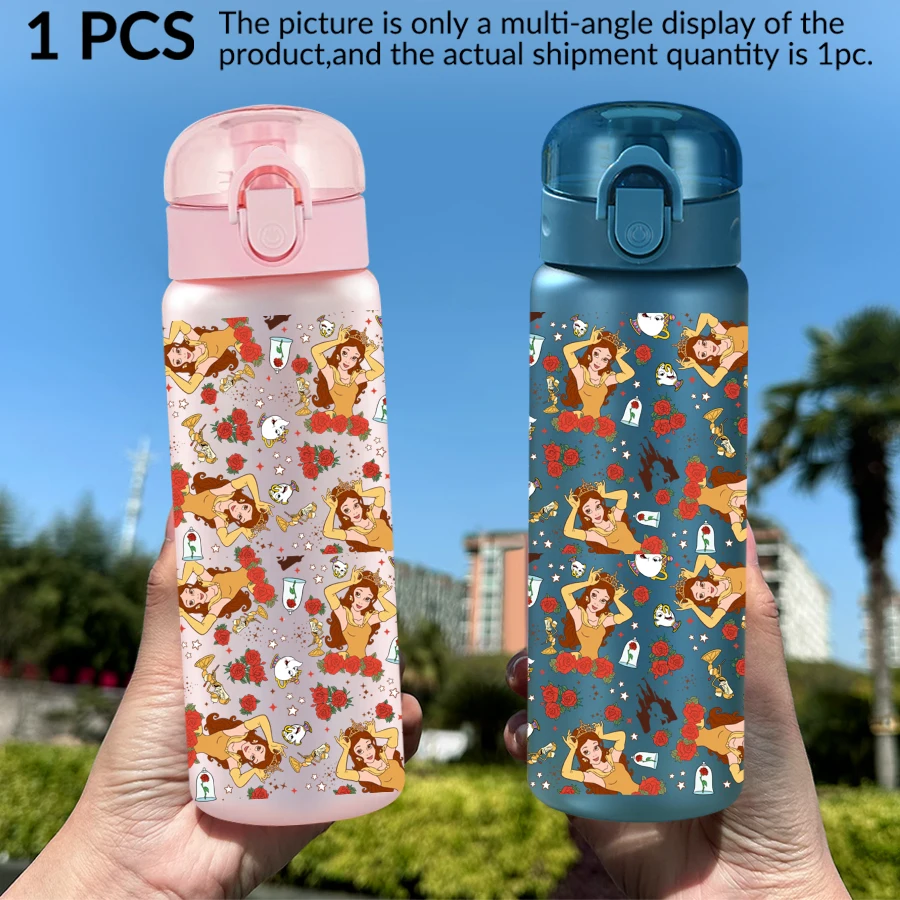 1 Stück Disney, Belle, 26 Unzen Kunststoff-Wasserflasche mit Rosenmuster, Outdoor-Sport-Wasserbecher, Geburtstags-/Schulgeschenk