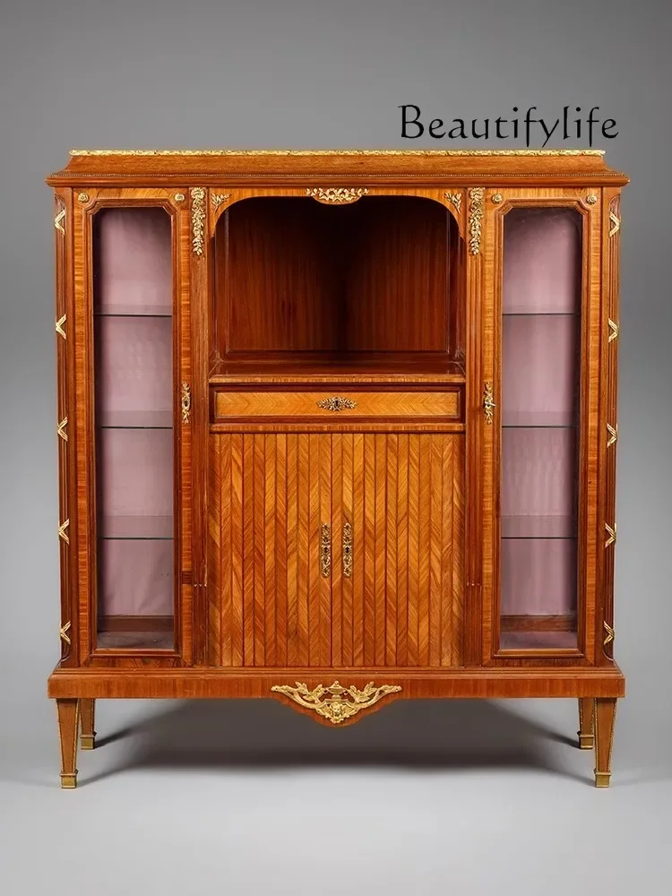 

French classical copper gilt carved side cabinet glass antique furniture dining side cabinet retro decorative cabinet