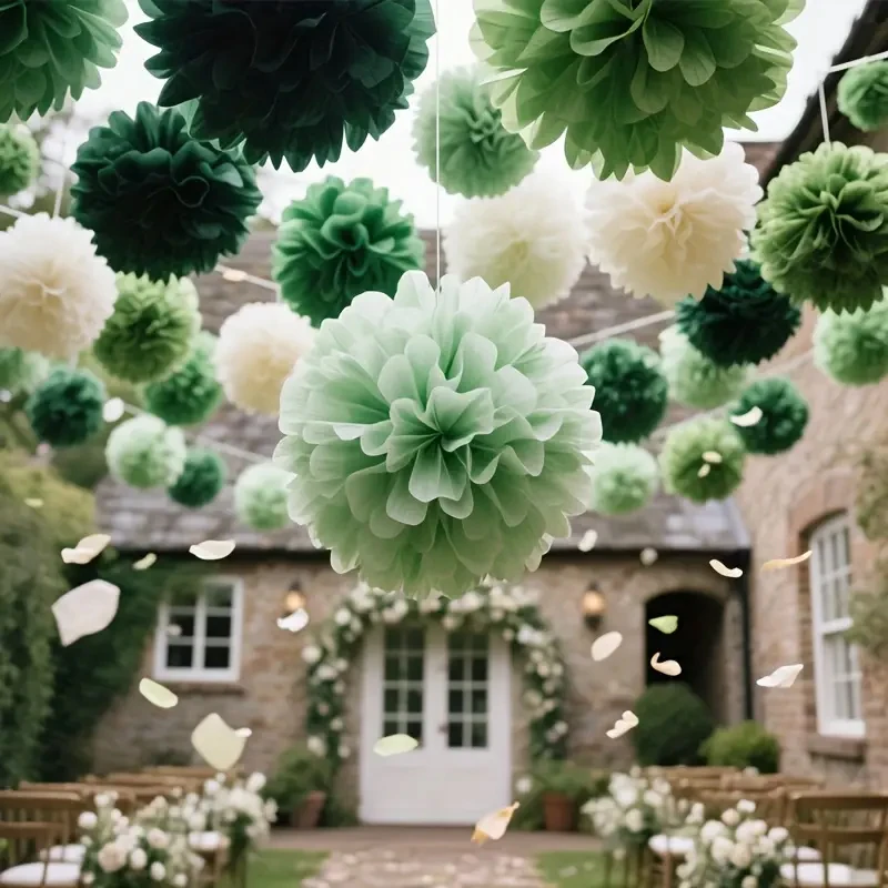 30 Pieces of Bohemian Style Green Sage Paper Flower Balls with Butterfly Decorations - DIY Hanging Decorations for Weddings, Birthday Parties, Graduation Ceremonies, Halloween, and Christmas - Indoor and Outdoor Party Decorations, No Power Required