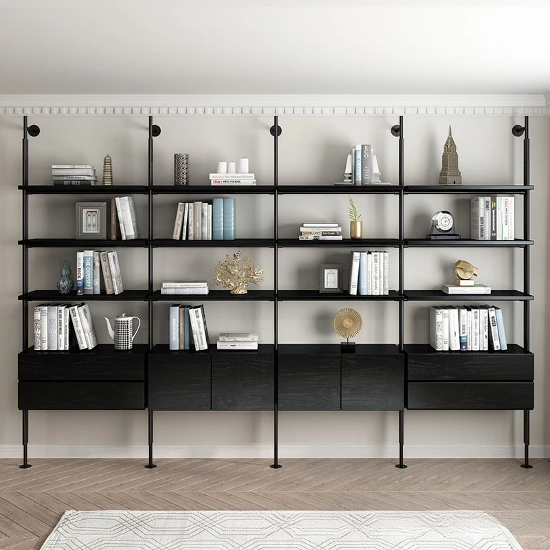Solid wood bookshelf wall-mounted living room bookcase retro floor storage rack multi-layer shelf wrought iron display cabinet