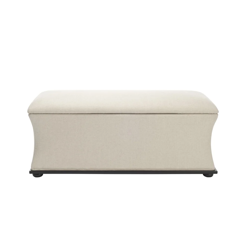Transitional Glam Upholstered Storage Bench Flip Top Indoor Furniture Durable Wood Frame Beige Linen Fabric 240lbs Capacity
