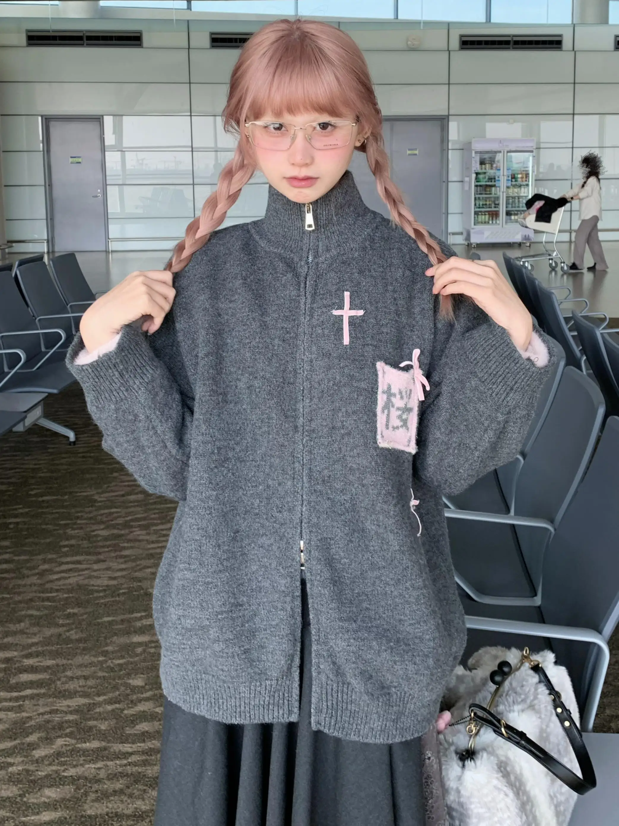 

Pink Knitted Knot Deep ey Sweater Coat Handmade Open Cardigan Long Sve mid Length Commute Sle Women's Faion