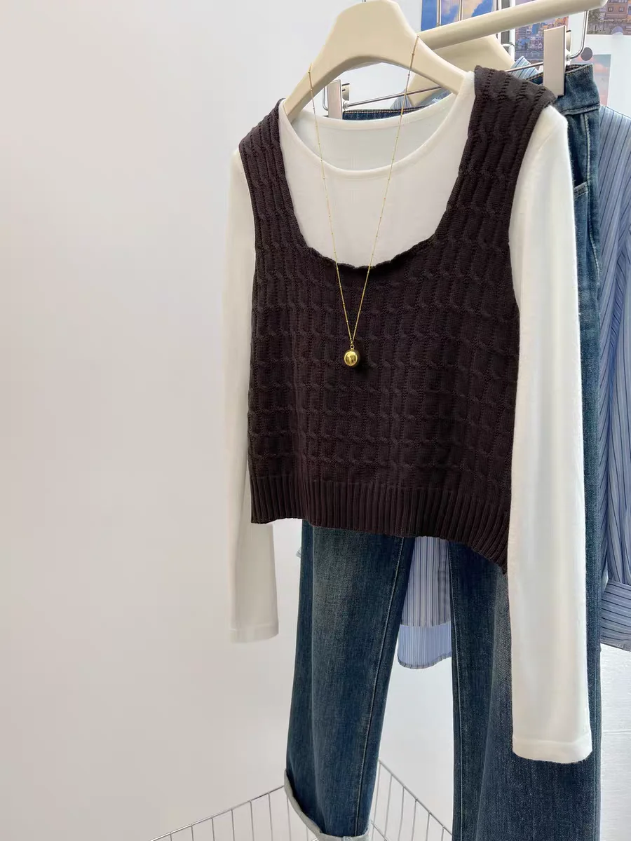 Caramel Knitted Short Sleeveless Vest Women's Fashion Spring Autumn Square Collar Tube Top Outerwear Casual Comfortable