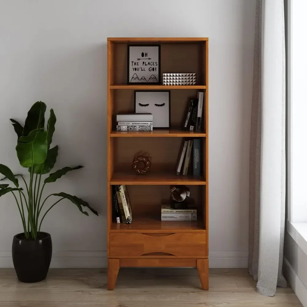 Estantería moderna de madera dura de mediados de siglo, almacenamiento en marrón teca, para sala de estar, sala de estudio y oficina, 24 pulgadas