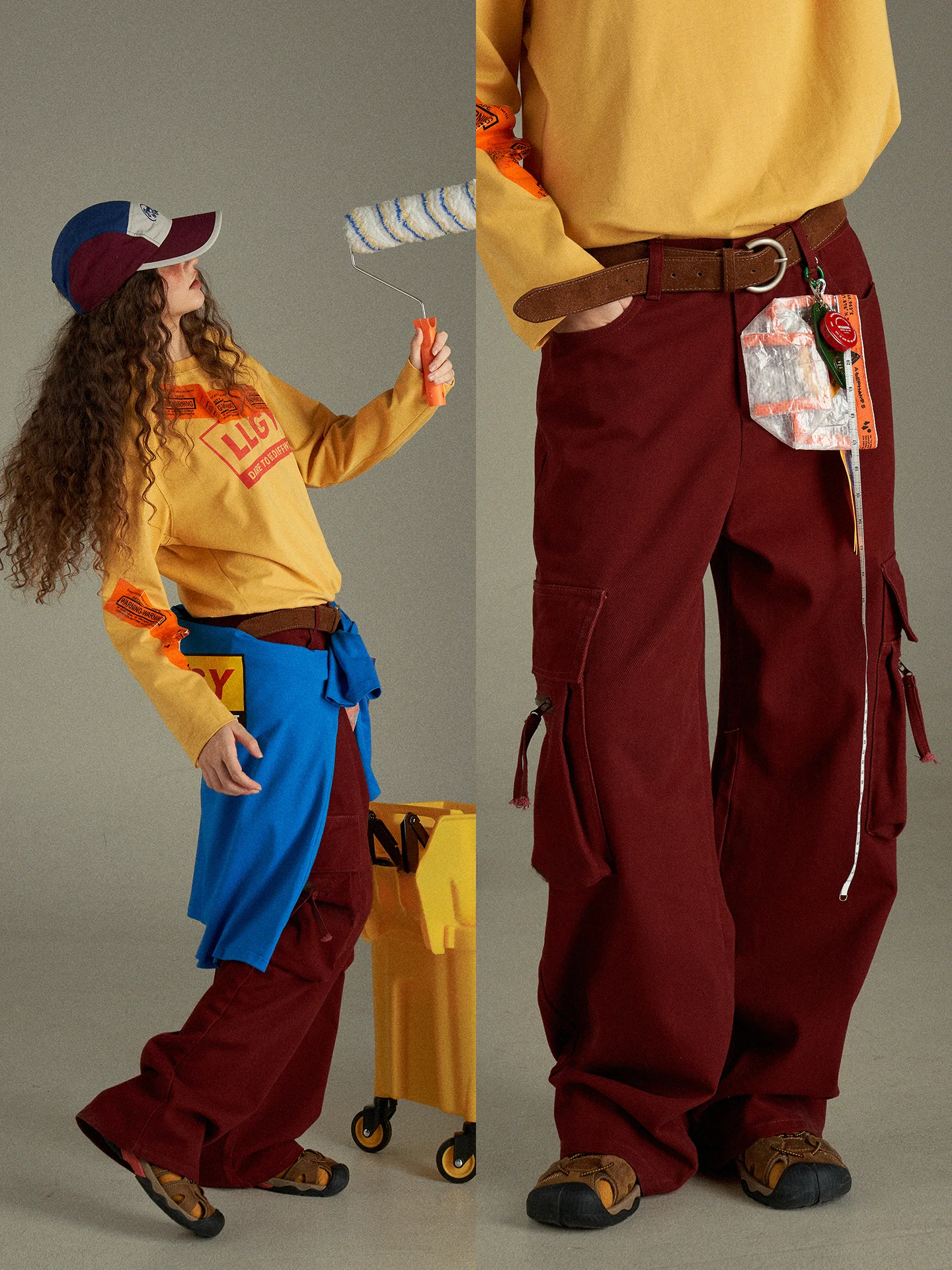 

Luluay винтажная красная рабочая одежда с несколькими карманами, джинсовые повседневные женские свободные широкие брюки длиной до пола с высокой талией