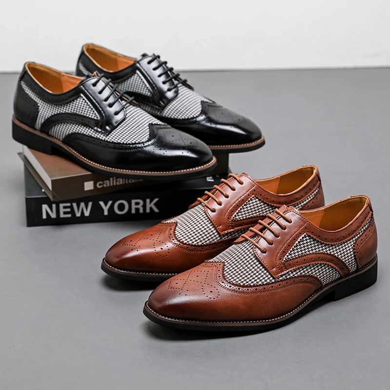 38-48 Formal Shoes Men PU Black Brown British Style Business Office Fashionable Block Leather Shoes Low Top Casual Men Shoes