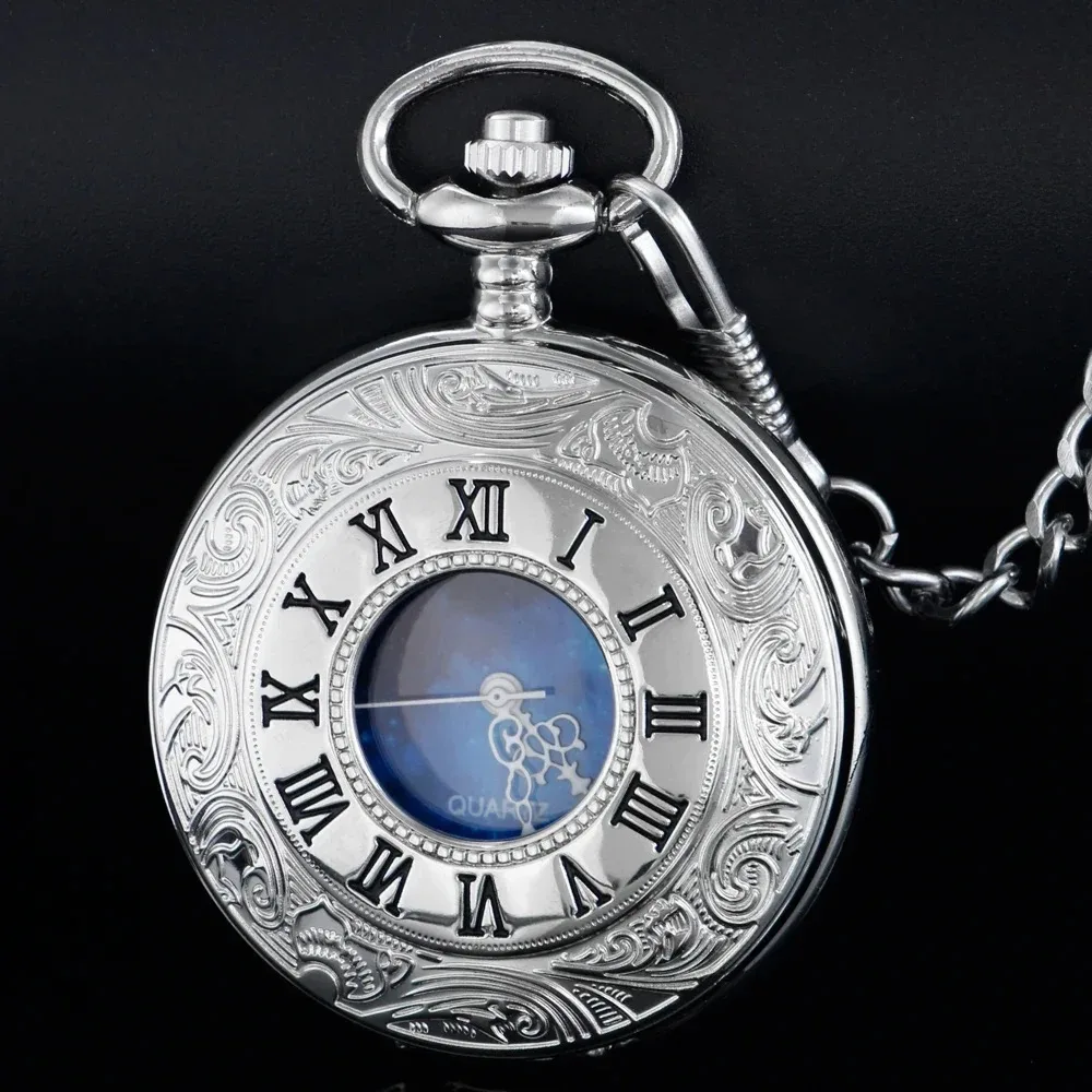 Steampunk Pocket Watch Hollow Blue Starry Design Roman Numerals Vintage Quartz Pocket Watches for Men with Chain Jewelry Gift