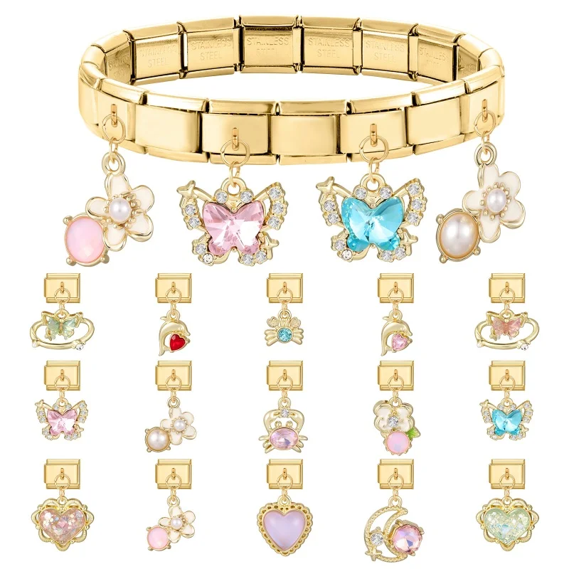 Vintage Rose Tulip Heart Star Cloud Gold Color Pendant Italian Charm Links Stainless Steel Fit 9mm Italian Bracelet DIY Jewelry