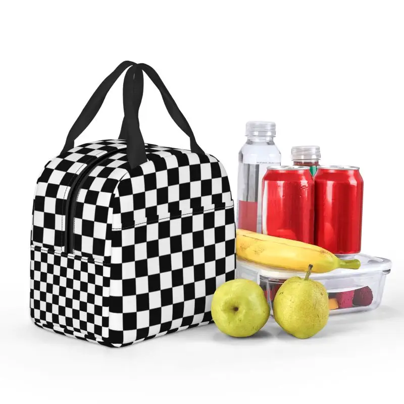 Black And White Checkered Insulated Lunch Tote Bag for Geometric Checkerboard Resuable Cooler Thermal Bento Box Camping Travel