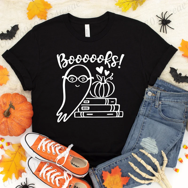 

Boooooks Print Crew Neck T-Shirt, Casual Short Sleeve Summer T-Shirt, Halloween Teacher Tee Shirt,Witch Book Women's Clothing