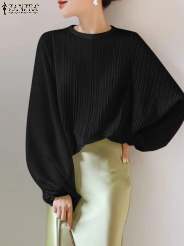 ZANZEA Autumn Solid Long Bat Sleeve Blouses Women Pleats Chic Shirts Elegant Fashion 2023 Top Office Vintage Round Neck Tunic