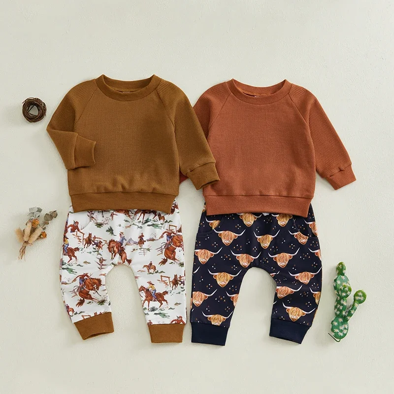 Baby Boys Long Sleeve Pullover Sweatshirt + Cattle Print Pants Clothing Sets 2pcs Outfit Newborn Clothes Set