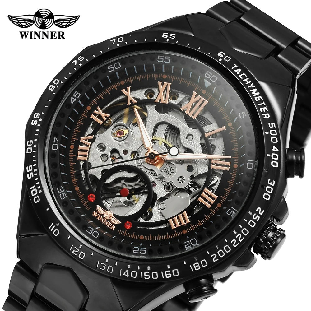 T-WINNER الرياضة الرجال التلقائي الهيكل العظمي ساعة ميكانيكية ريترو الأسود الجوف ساعة الأرقام الرومانية الصلب رجل الأعمال ساعات المعصم