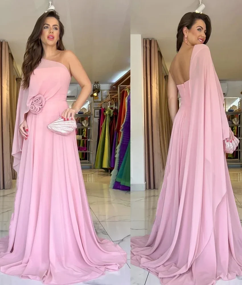 

Customized Graceful Chiffon A-Line One Shoulder 3D Flowers Evening Dress New fashion Long Sleeves Floor Length prom dresses