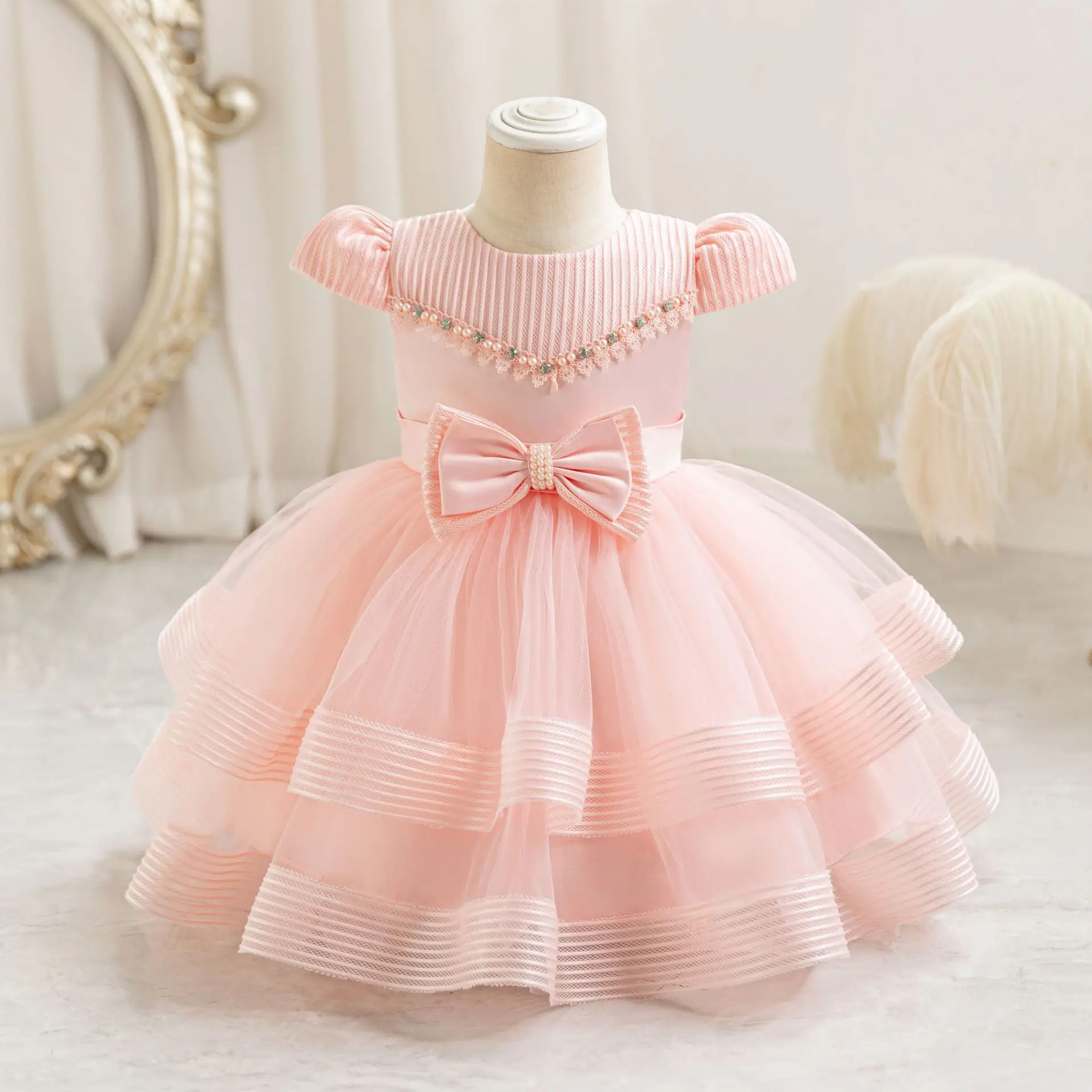 HETISO Striped Girls Wedding Party Dresses Baby Christams Holiday Layered Gown Toddler Kids Beading Clothes 6M-4 Years image 5