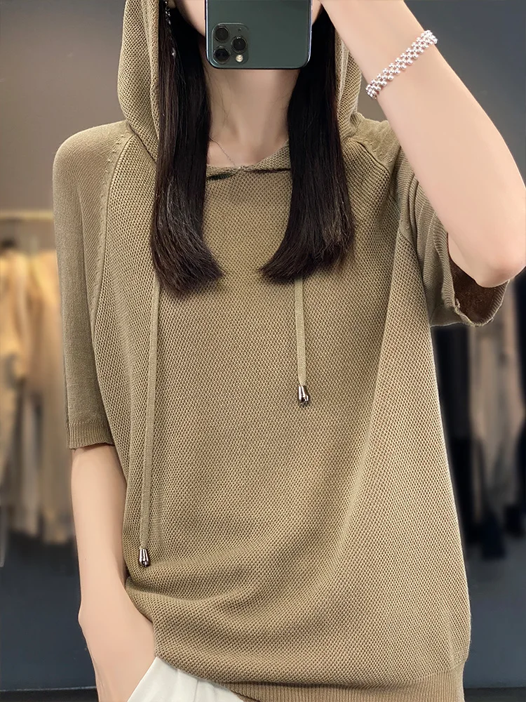 Women Tees Hooded Pullover Short Sleeved Ice Silk Top Breathability Comfort Thin Style Spring Summer Leisure Style Slimming Down