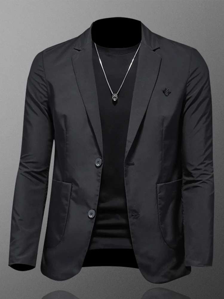 

Мужской повседневный приталенный костюм однотонного цвета, тонкий, весенний, модный, европейский стиль, с длинными рукавами, на пуговицах
